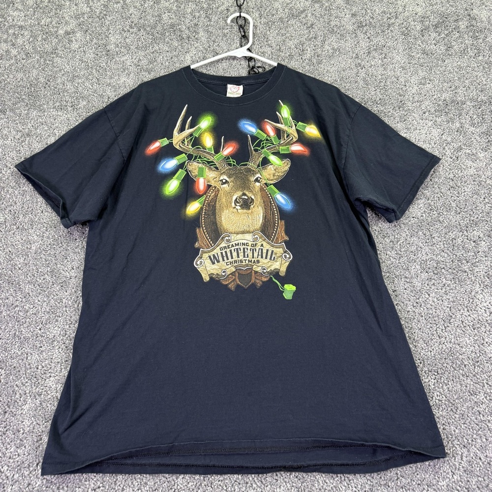 DEC.25th Shirt Mens XL Black Deer Whitetail Lights Graphic Tee Christmas Hunting